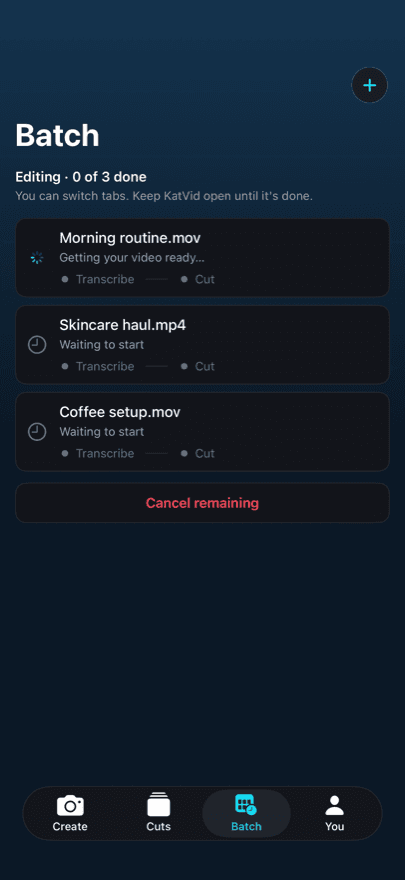 The same queue while it runs, one video at a time