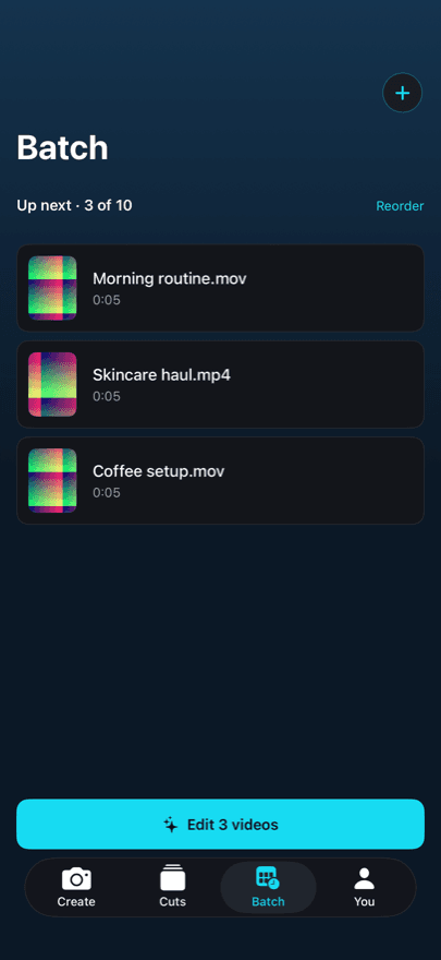 KatVid's Batch queue with three videos waiting