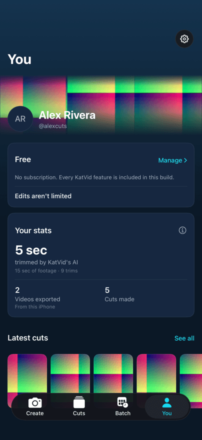 The You tab with stats about footage trimmed and cuts made